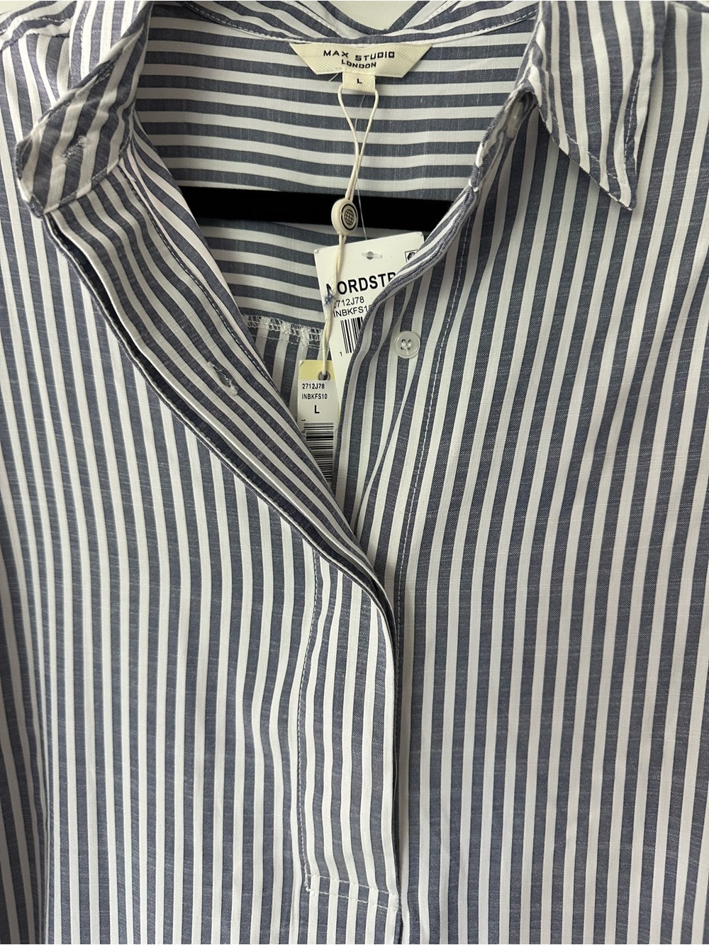Max Studio Grey and White Vertical Stripe Roll-Tab Blouse - Picture 5 of 6
